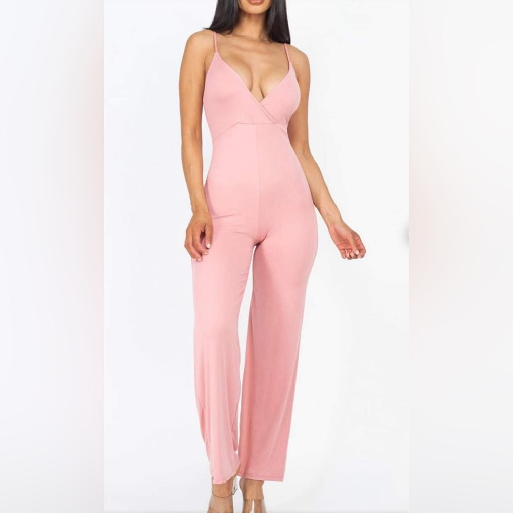 Pink Deep V High waist jumpsuit S-M-L